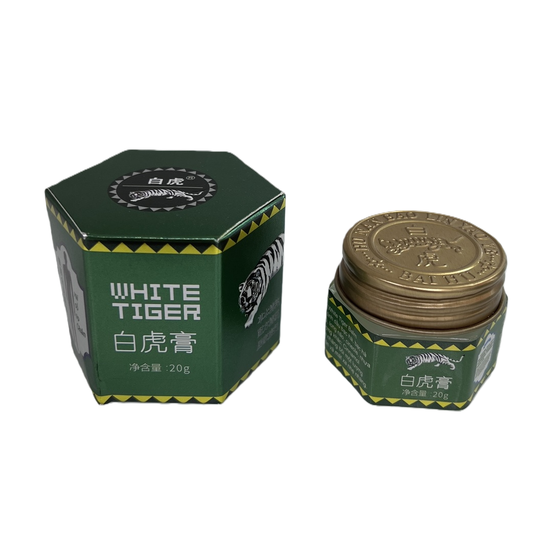 The White Tiger Ointment is packaged in a green hexagonal box with a golden lid. It is a fresh and elegant medicine box for collection Item Picture