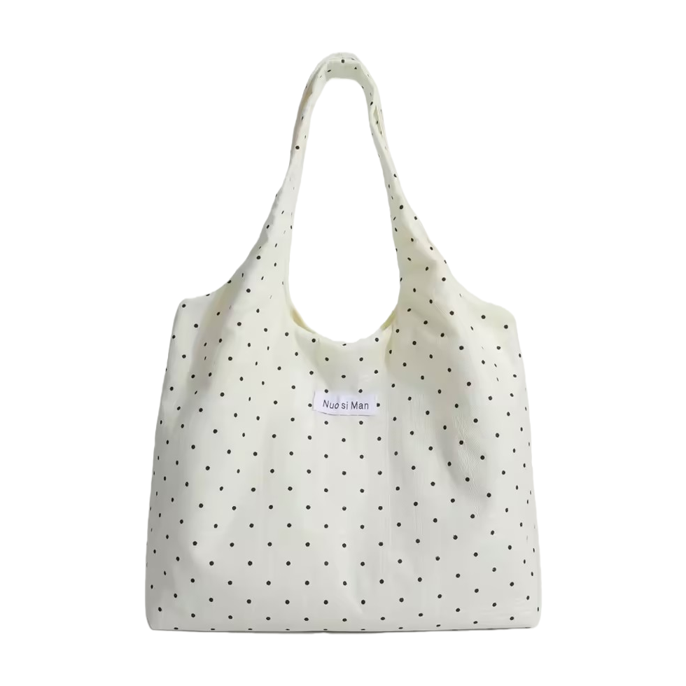 White polka dot tote bag, hand and shoulder, casual and versatile, large-capacity trendy women's bag, simple and fashionable shopping bag Item Picture