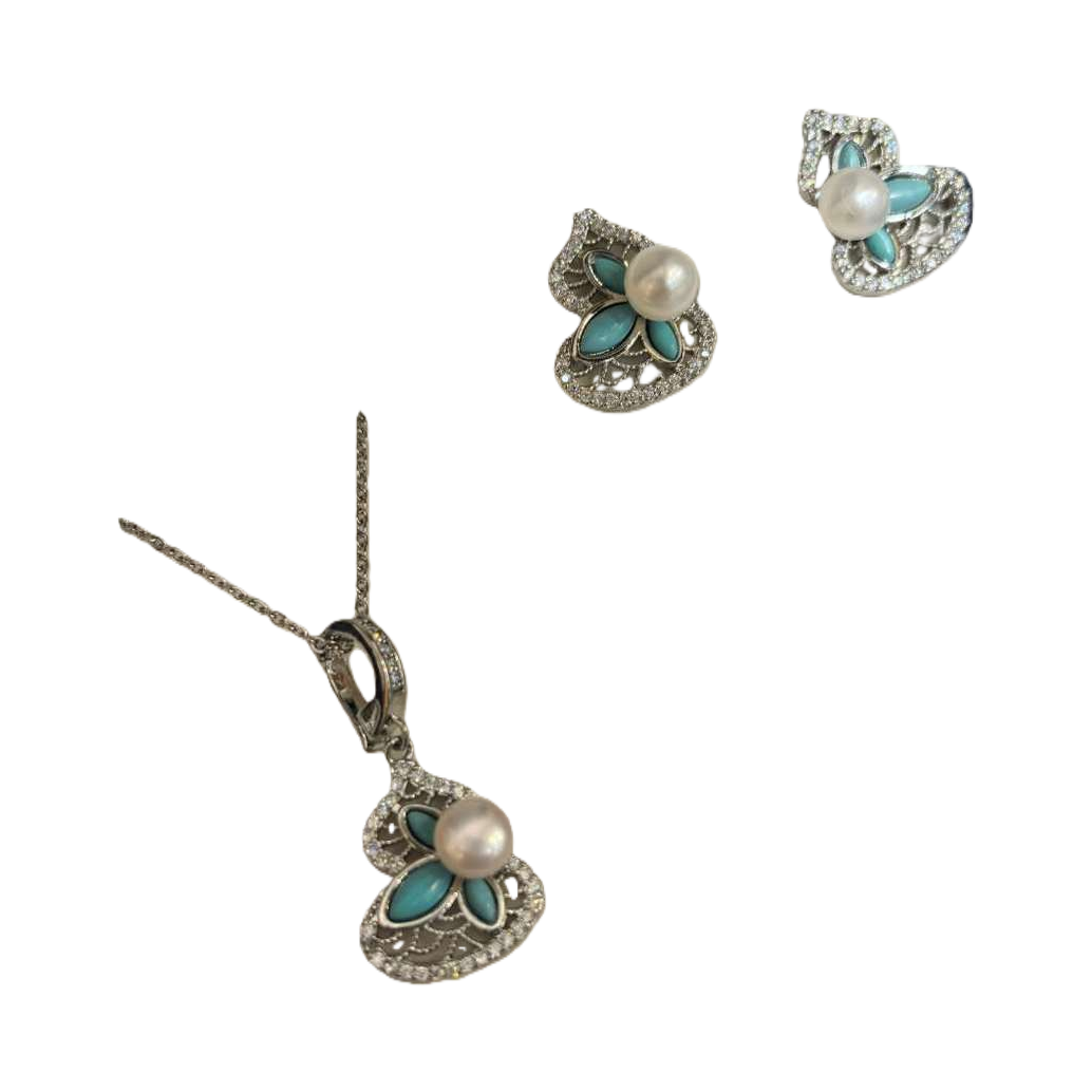 Blue gift box, silver jewelry set, pendant, earrings, ring, turquoise gemstone, pearl and fashionable jewelry gift given Item Picture
