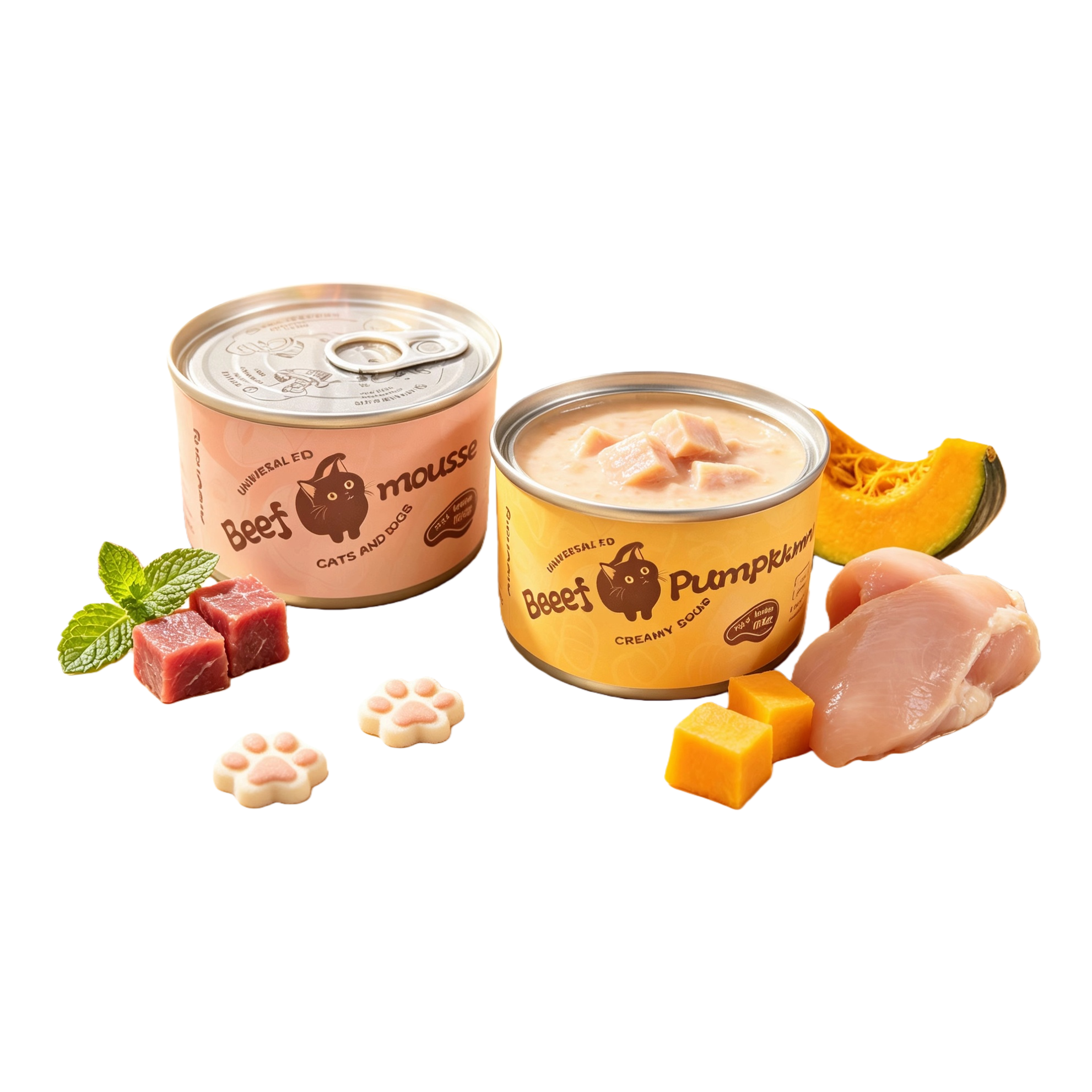 Розовая говядина, мусс, консервированные собачьи консервы, кошачьи консервы, тыквенный суп с кремом и сардины Item Picture