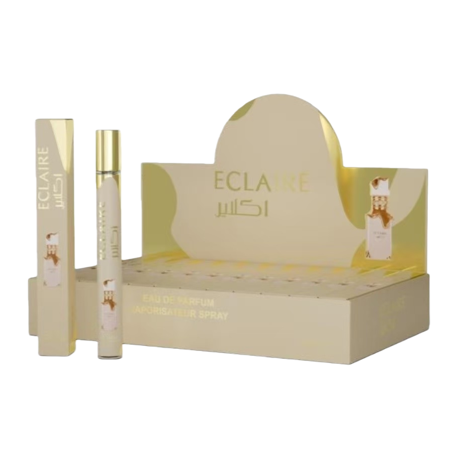 Perfume spray bottle with golden decoration, beige packaging box, vertical rectangular outer box, fashionable and exquisite fragrance gift box Item Picture