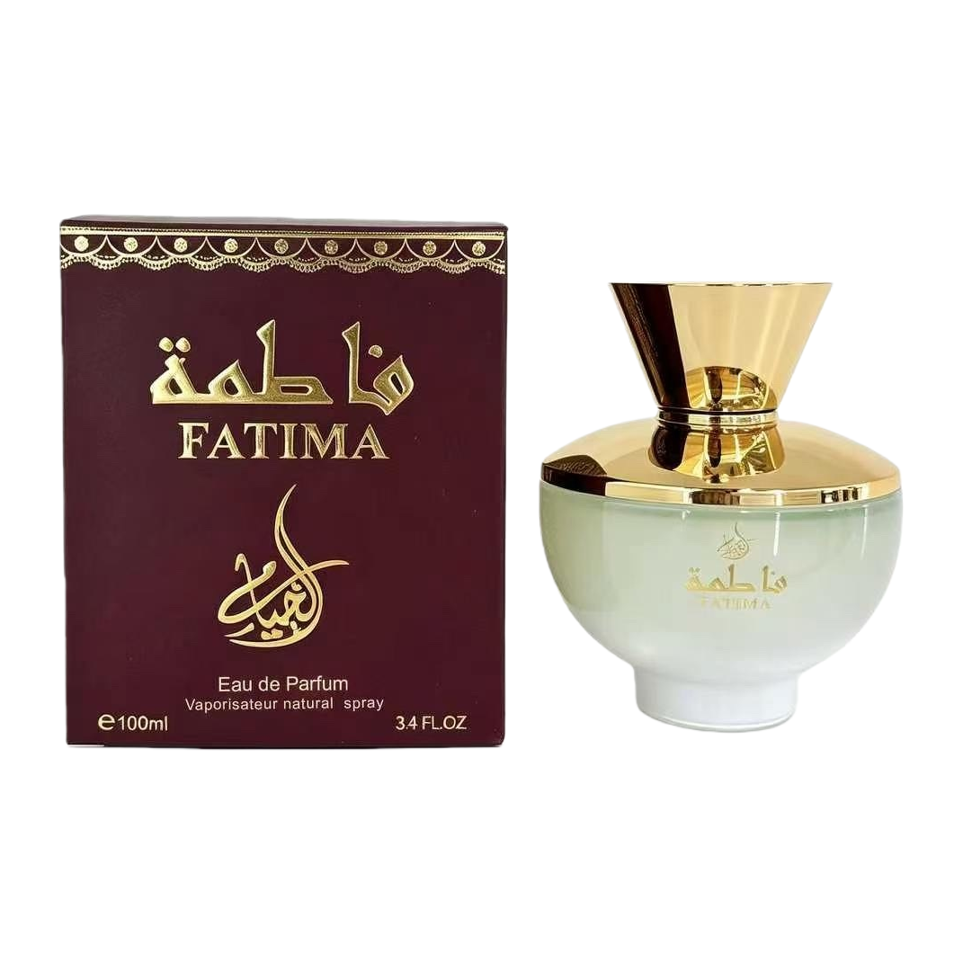 Perfume bottle wine, red packaging box, golden Arabic English FATIMA, light green glass bottle body, golden bottle cap, elegant fragrance gift box Item Picture