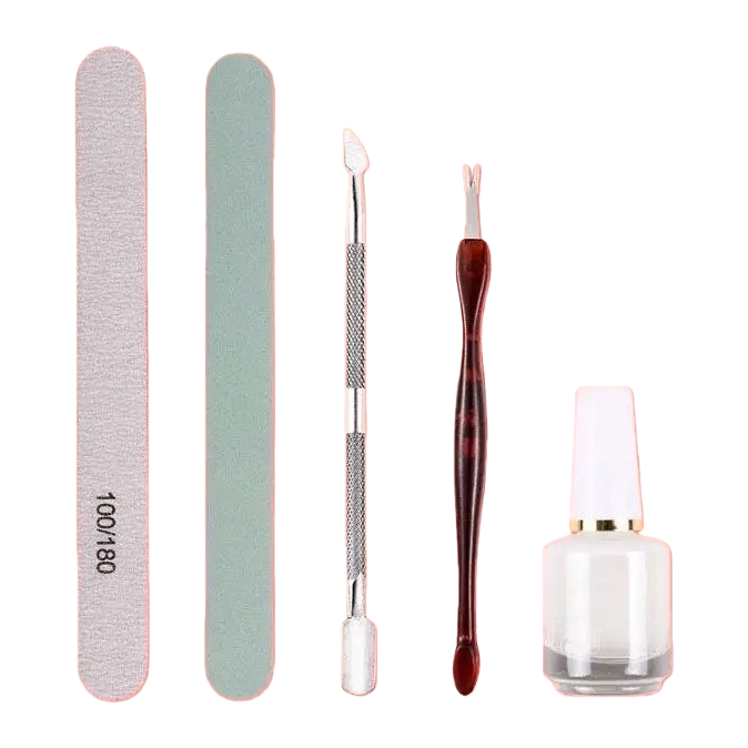 Pink background five-piece set, exfoliation tools, grinding and polishing steel pusher, exfoliation fork, softener, beauty care set Item Picture