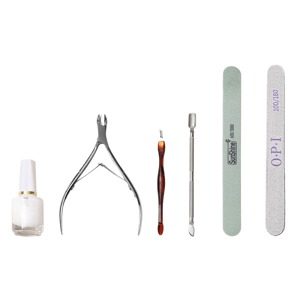 Multi-functional hand and foot care tool set: silver dead skin shears, dead skin forks, steel pushers, green polishing strips, grey grinding strips, white softener bottles, and foot care tools Item Picture