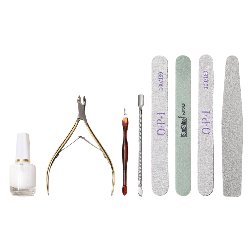 Nail art tool set of eight pieces includes O PISunShine golden dead skin scissors, red-handled dead skin forks, silver steel pushers, four pieces of scrub nail files, and white bottle body softener Item Picture