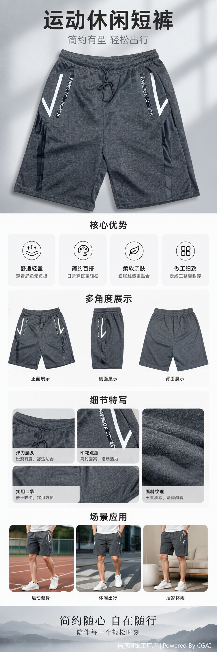 时尚休闲运动短裤男士宽松透气运动裤灰色运动短裤男款夏季跑步训练短裤男生运动裤详情1