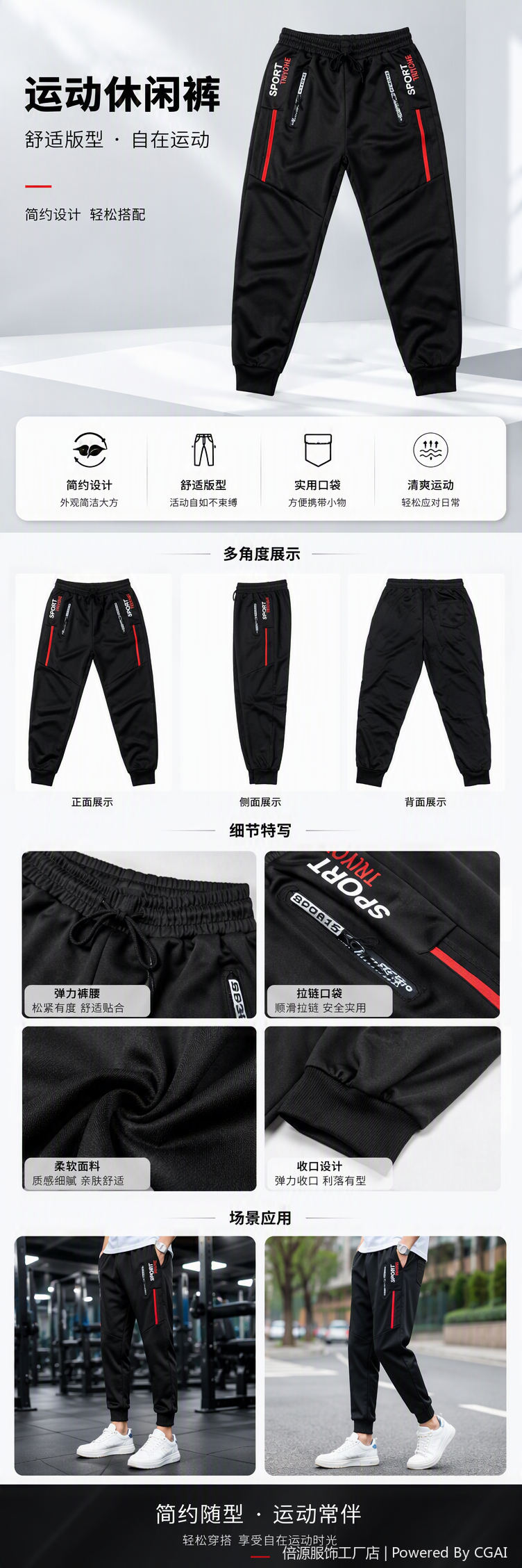 舒适透气休闲宽松宽腿长裤运动休闲裤男士黑色运动裤潮流百搭运动服裤子详情1