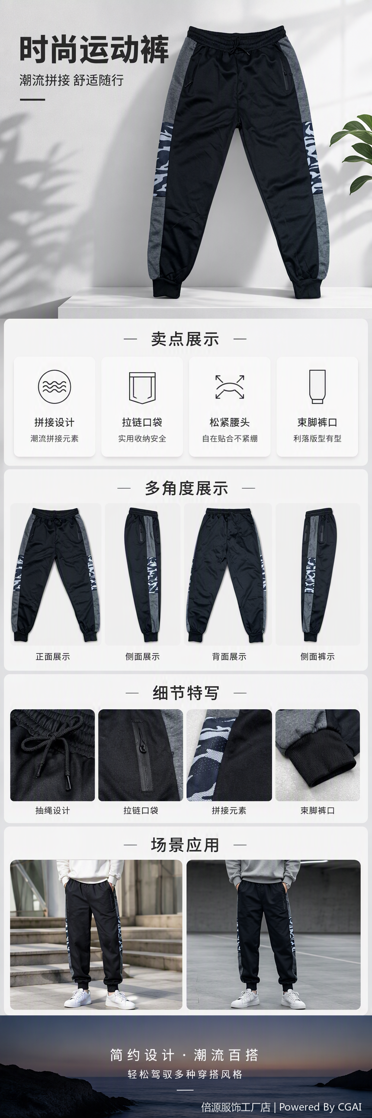 舒适弹力休闲运动长裤男士宽松百搭健身跑步裤黑色款详情1