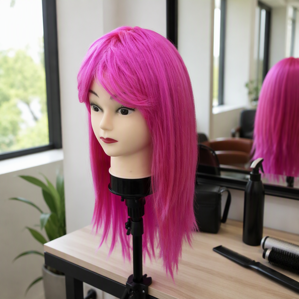 Pink wig model, adult hairstyle display, model shooting props, hairstyle design practice model, headwear accessories details Picture