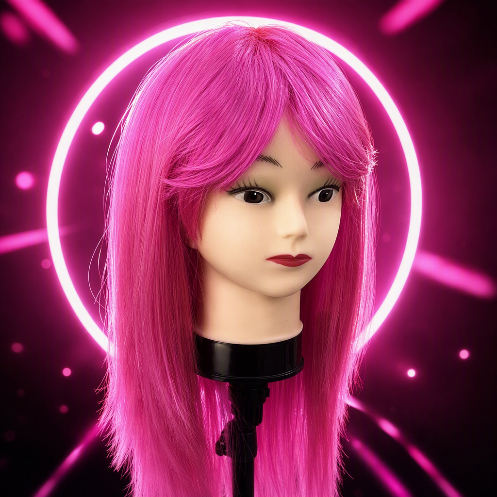 Pink wig model, adult hairstyle display, model shooting props, hairstyle design practice model, headwear accessories Specification image