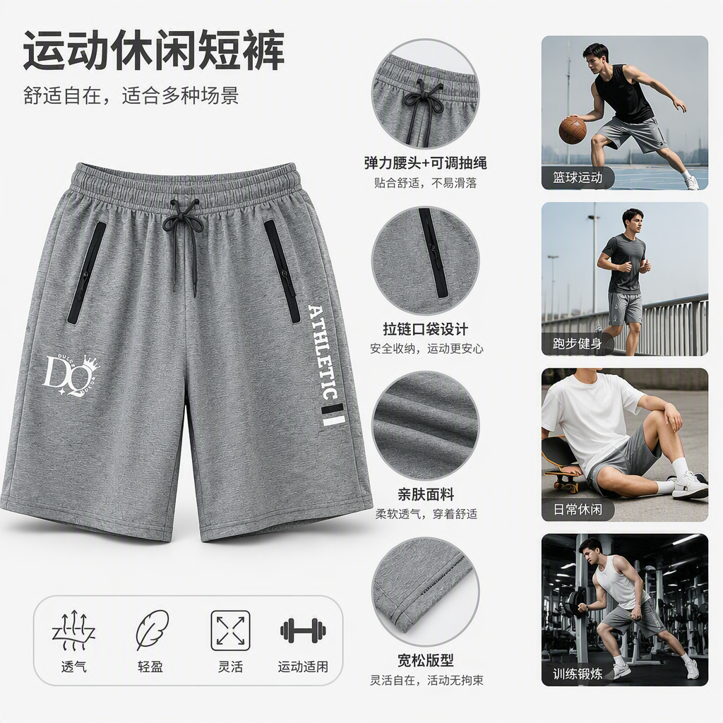 舒适透气休闲运动短裤男士灰色宽松跑步健身休闲裤夏季新品详情2
