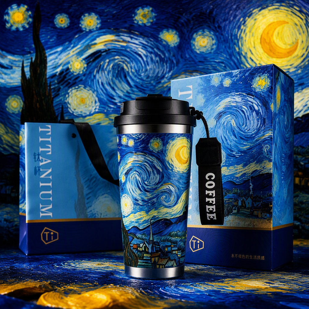 Van gogh star theme titanio puro taza de café agua portátil alta gama ligero interior y exterior titanio puro regalo regalo Specification image