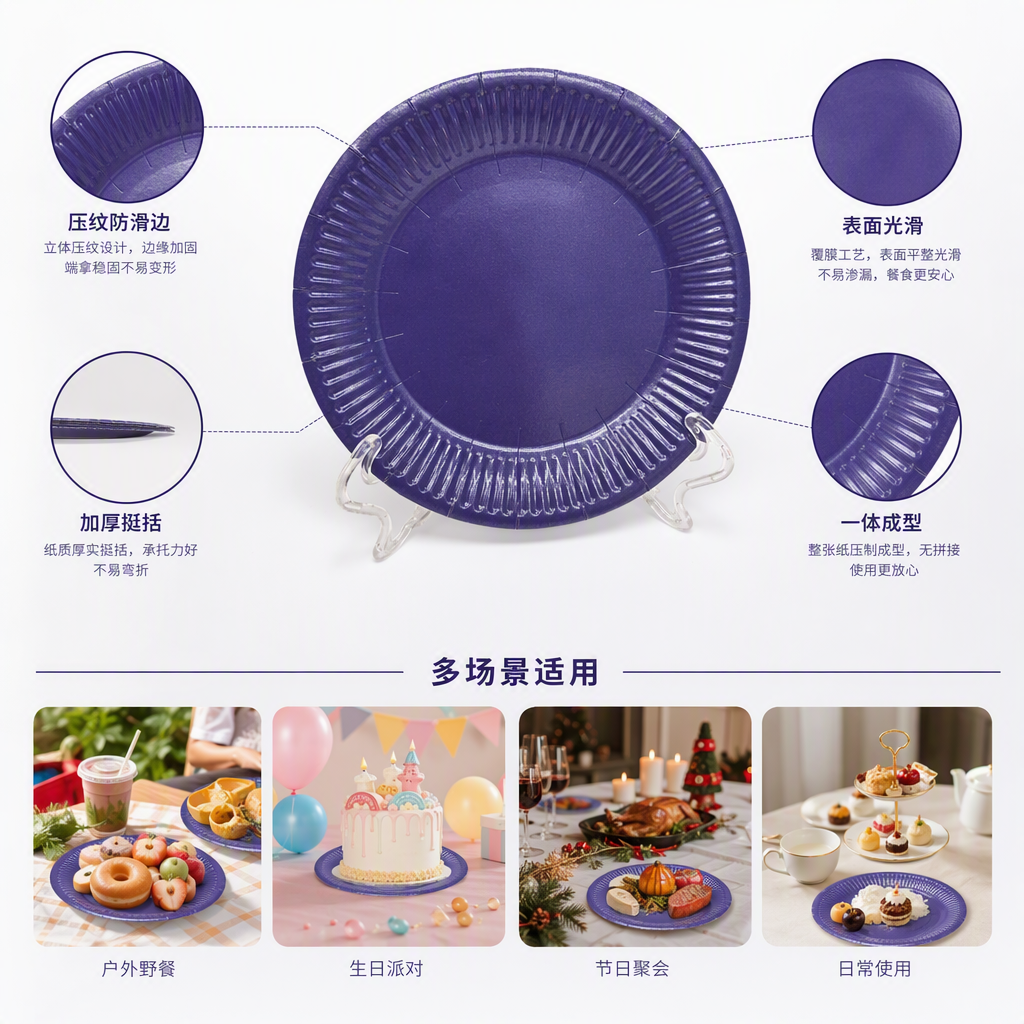 环保彩色纸盘家庭聚会餐具一次性蓝色大号盘子餐桌装饰用品