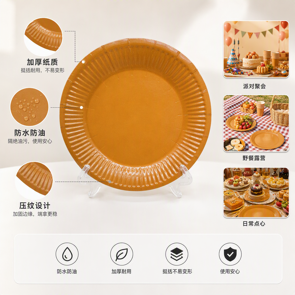 创意橙色纸盘餐具一次性水果派对便携聚会用盘子彩色餐盘