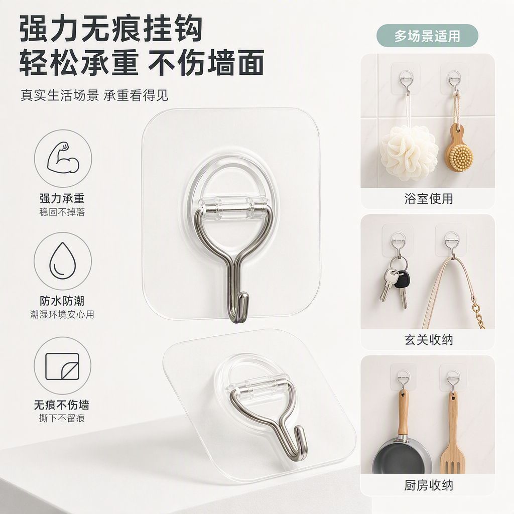 多功能粘贴式衣物挂钩强力粘钩子免打孔厨房浴室收纳挂钩免钉粘钩免钉挂钩家用装饰用品