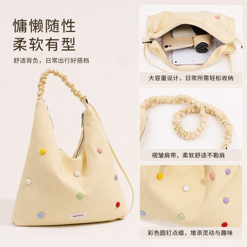 Beige polka dot pleated shoulder bag canvas women's bag 2025, versatile crossbody bag, fashionable, casual and trendy