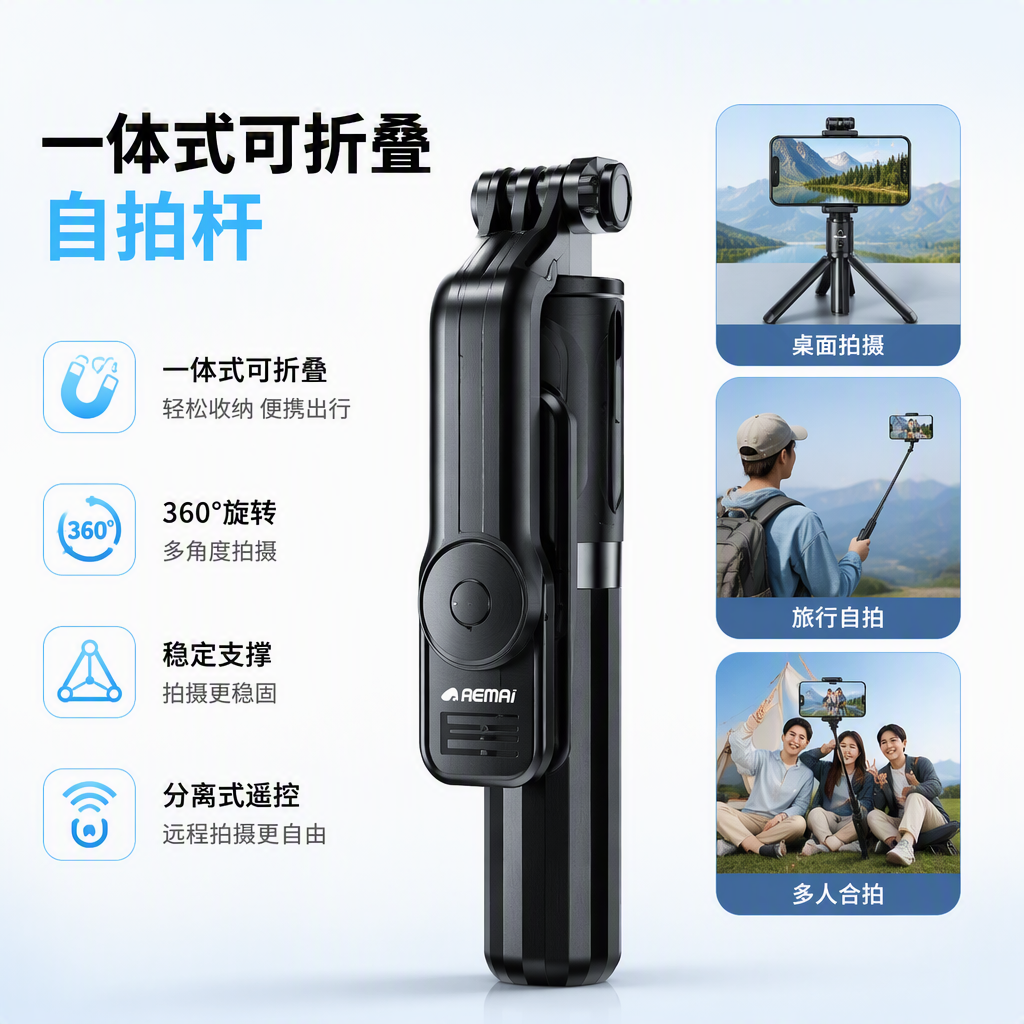 Fashionable black packaging box, portable selfie stick, multi-functional phone stand, photography wonder, portable selfie accessory