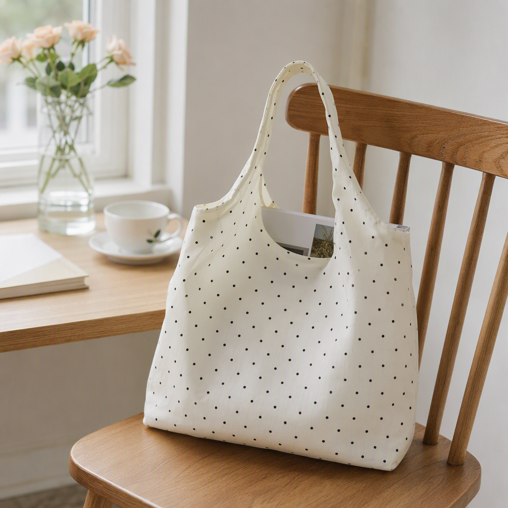 White polka dot tote bag, hand and shoulder, casual and versatile, large-capacity trendy women's bag, simple and fashionable shopping bag details Picture