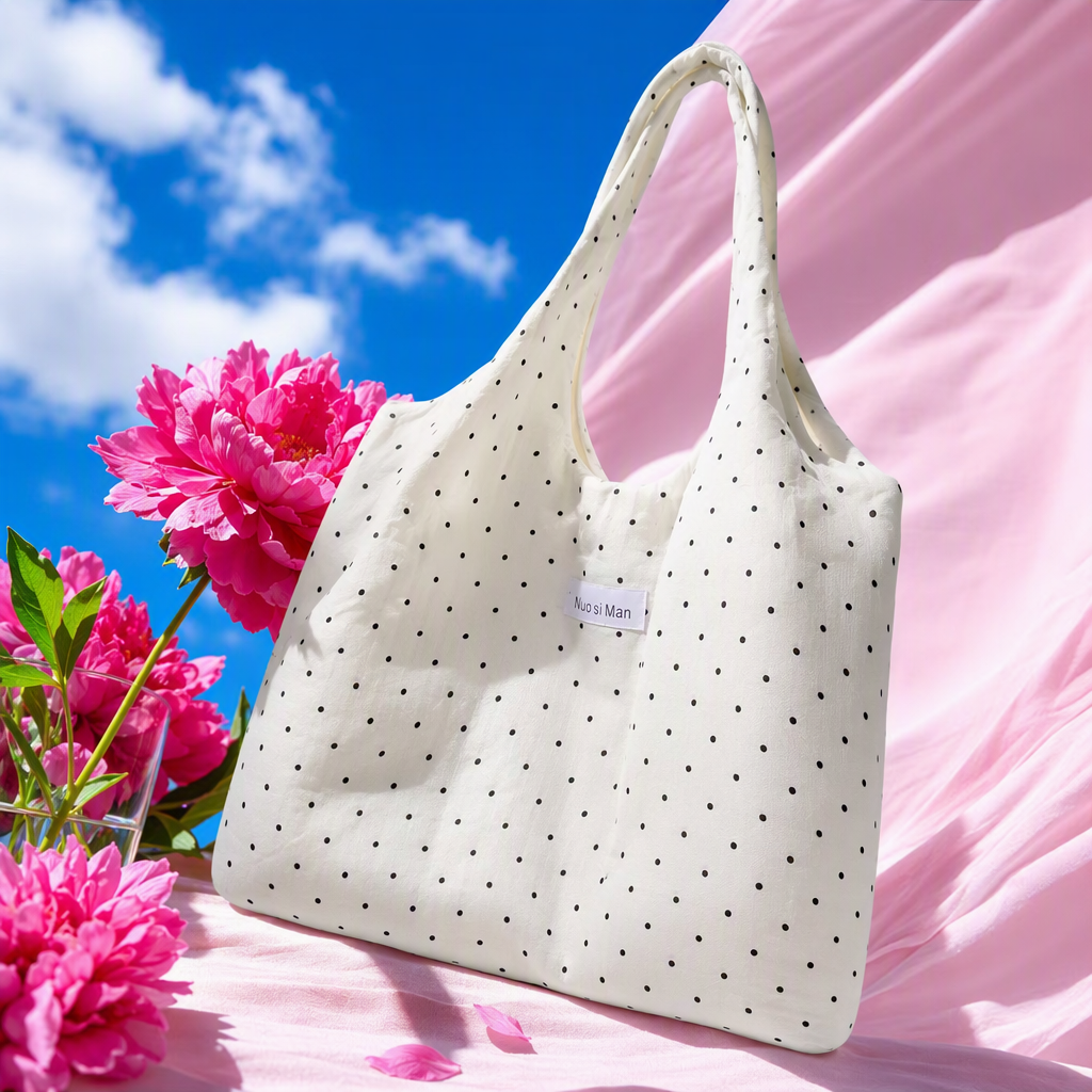 White polka dot tote bag, hand and shoulder, casual and versatile, large-capacity trendy women's bag, simple and fashionable shopping bag Specification image