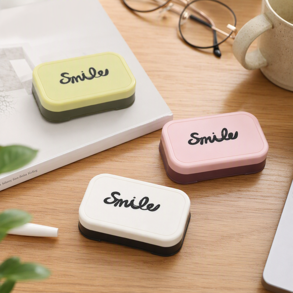 Yellow soap box with "Smile" logo, home storage box, storage box, organizing box, storage container details Picture