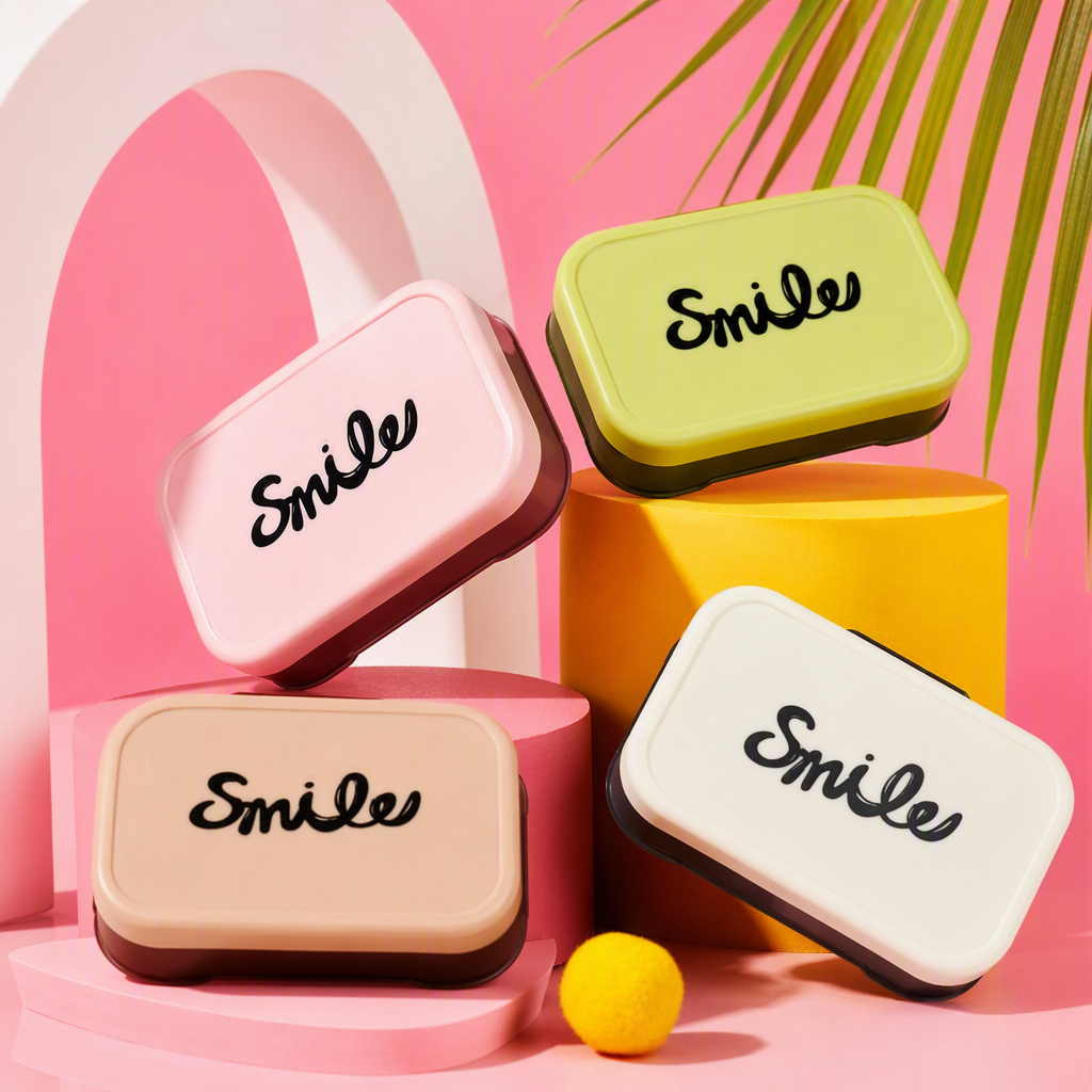 Yellow soap box with "Smile" logo, home storage box, storage box, organizing box, storage container Specification image