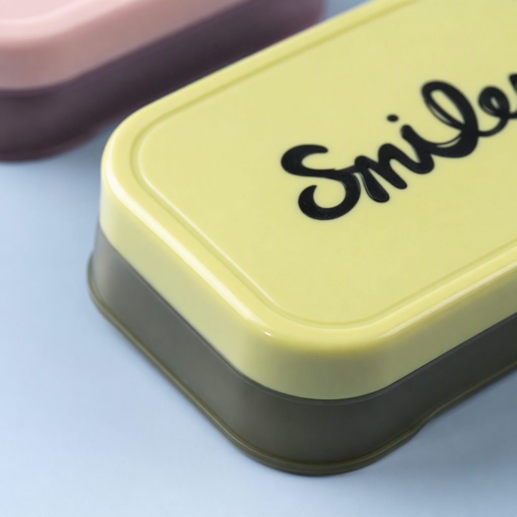 Yellow soap box with "Smile" logo, home storage box, storage box, organizing box, storage container Application Scenario