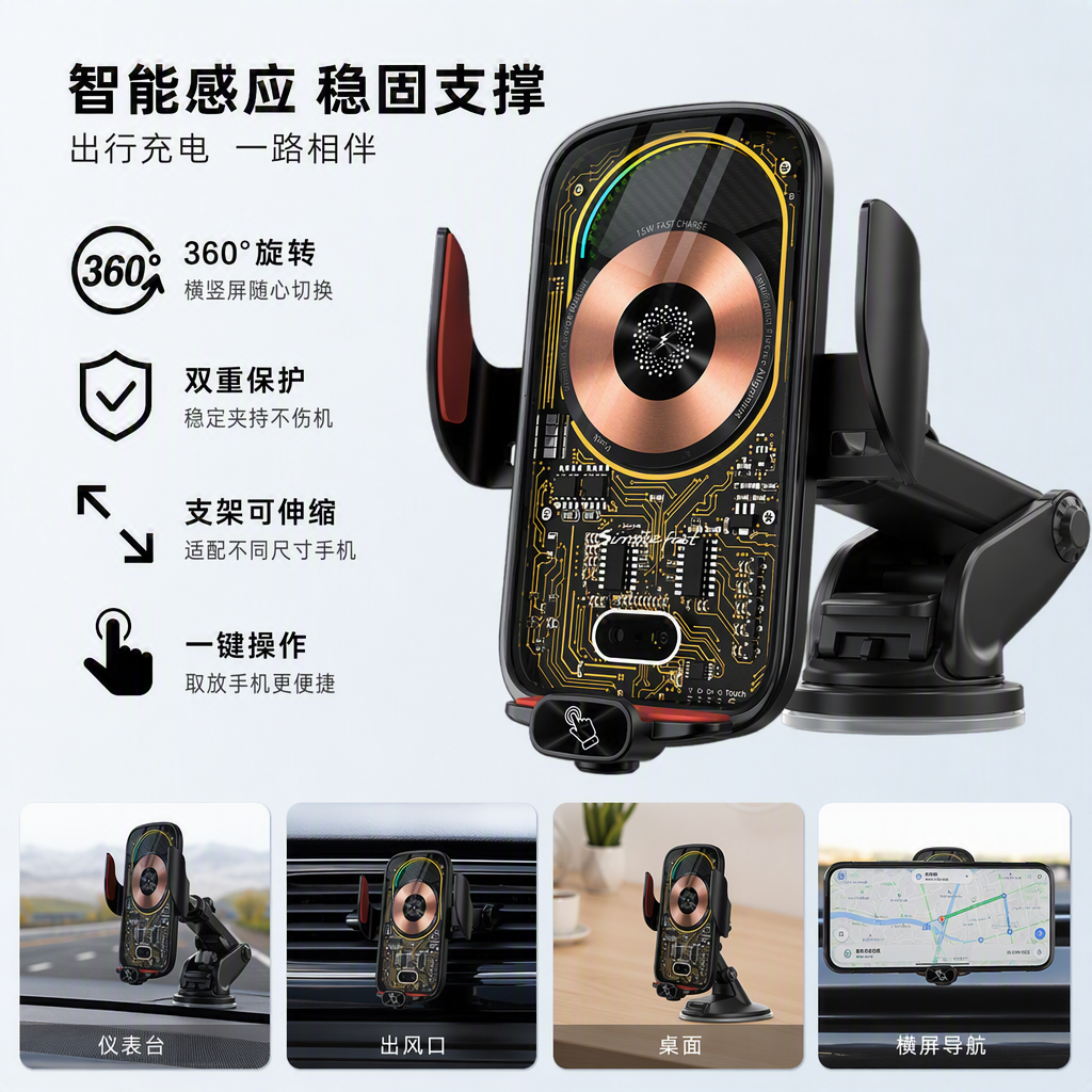 Multi-functional black car wireless charging stand, car phone stand, navigation stand, portable fast charging accessory