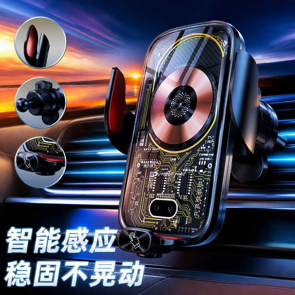Multi-functional black car wireless charging stand, car phone stand, navigation stand, portable fast charging accessory Specification image