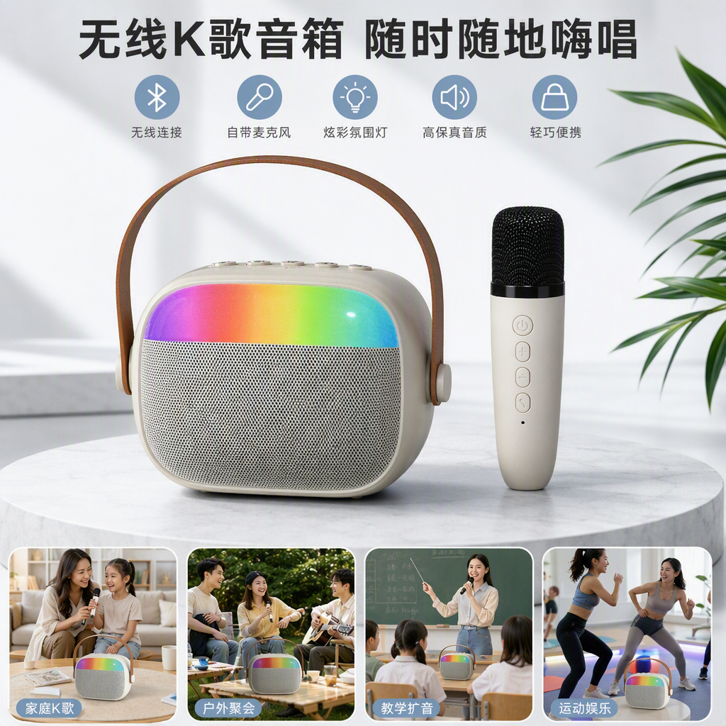 Color gradient wireless speaker with microphone, Bluetooth portable multi-color music player, essential for family gatherings