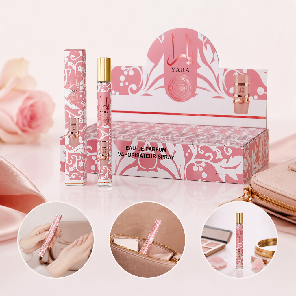 YARA Perfume Spray 24-piece display box, pink pattern packaging, long-lasting light fragrance, portable refill gift box