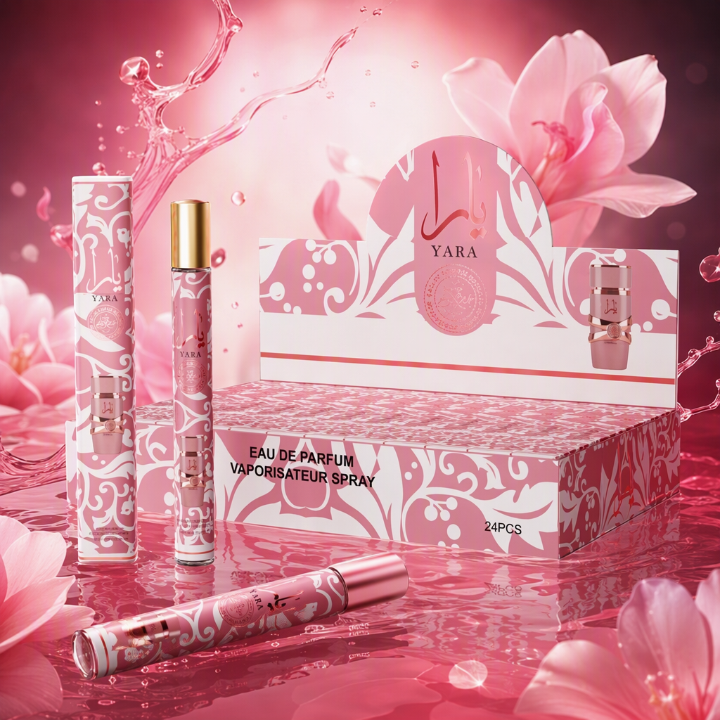 YARA Perfume Spray 24-piece display box, pink pattern packaging, long-lasting light fragrance, portable refill gift box Specification image