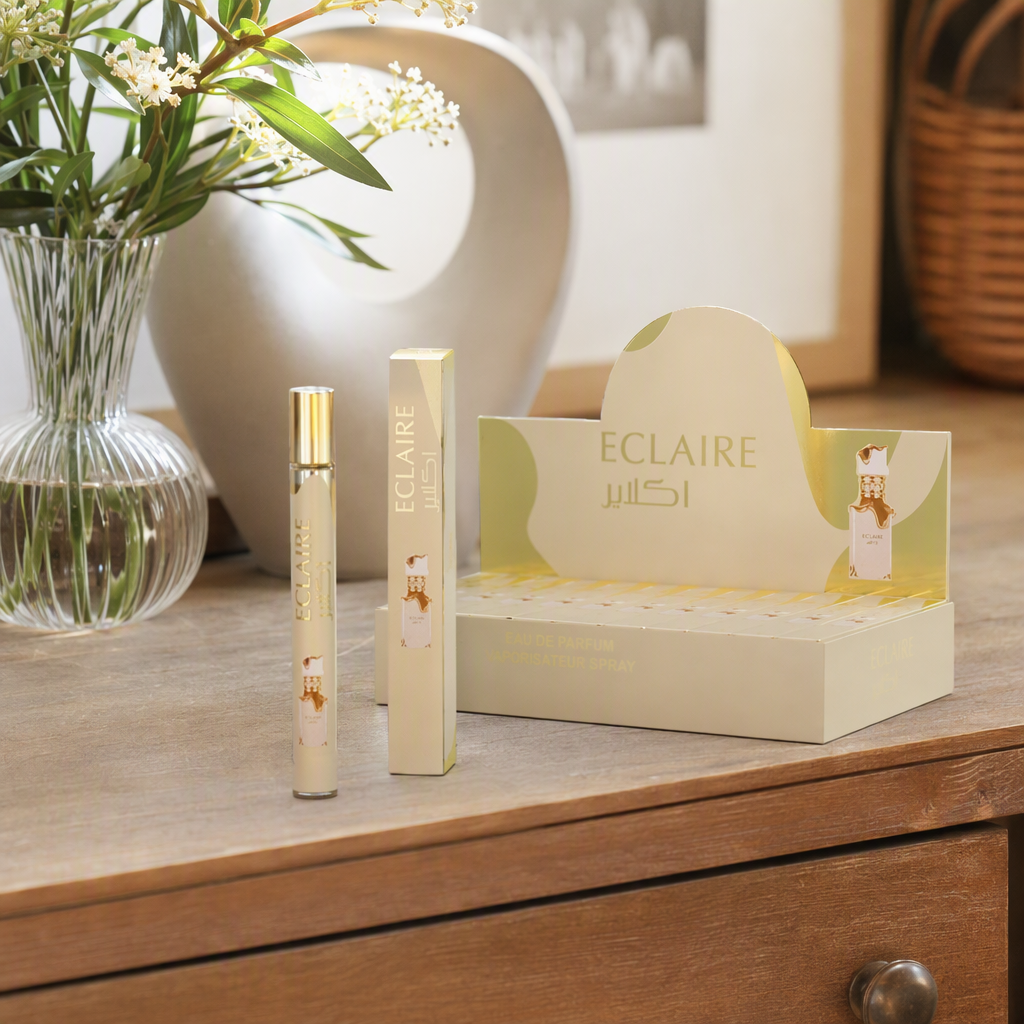 Perfume spray bottle with golden decoration, beige packaging box, vertical rectangular outer box, fashionable and exquisite fragrance gift box details Picture