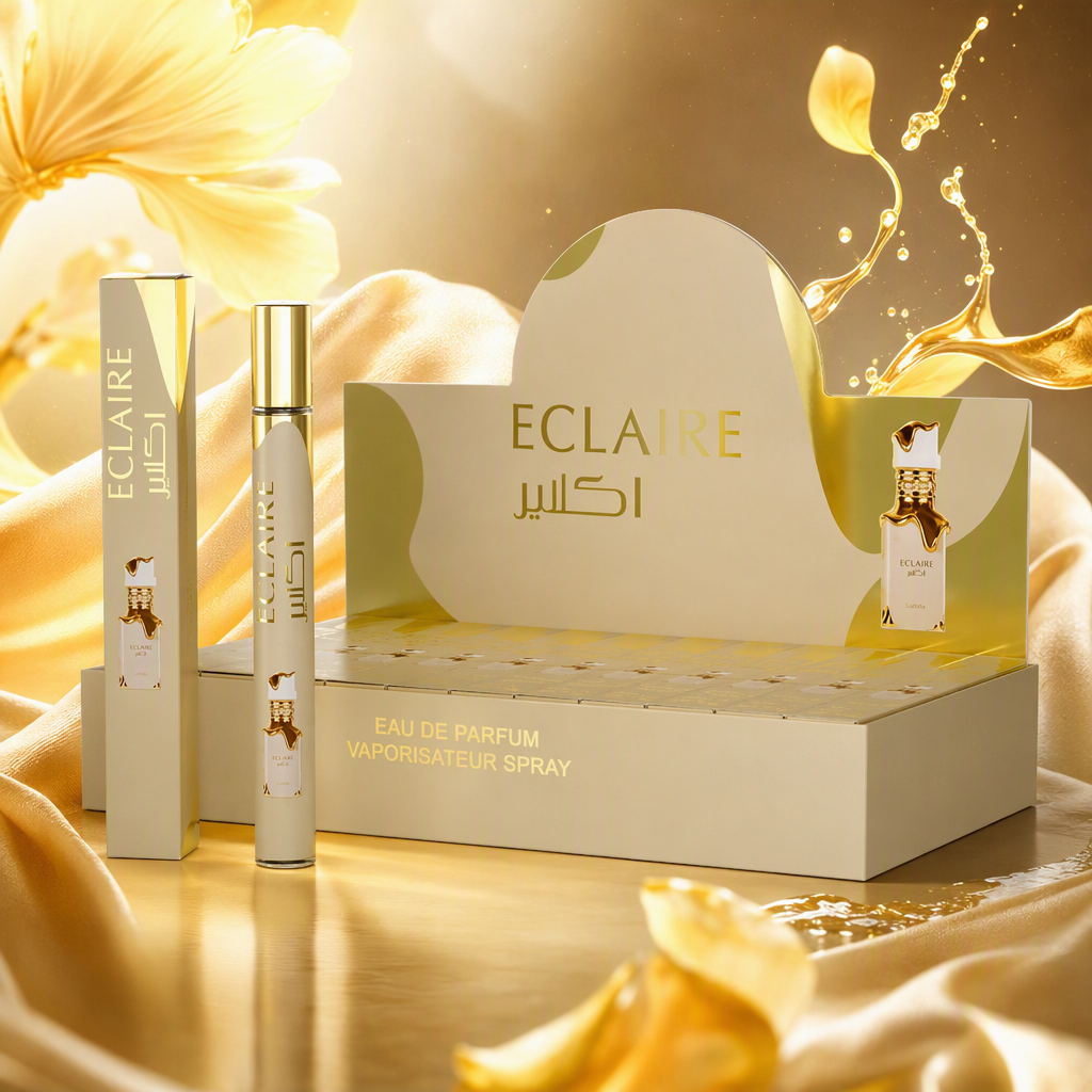 Perfume spray bottle with golden decoration, beige packaging box, vertical rectangular outer box, fashionable and exquisite fragrance gift box Specification image