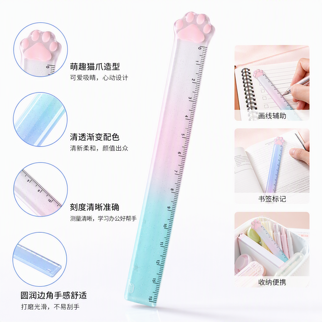 Pink cat claw-shaped ruler with gradient color transparent plastic scale, clear measuring tool, student office supplies