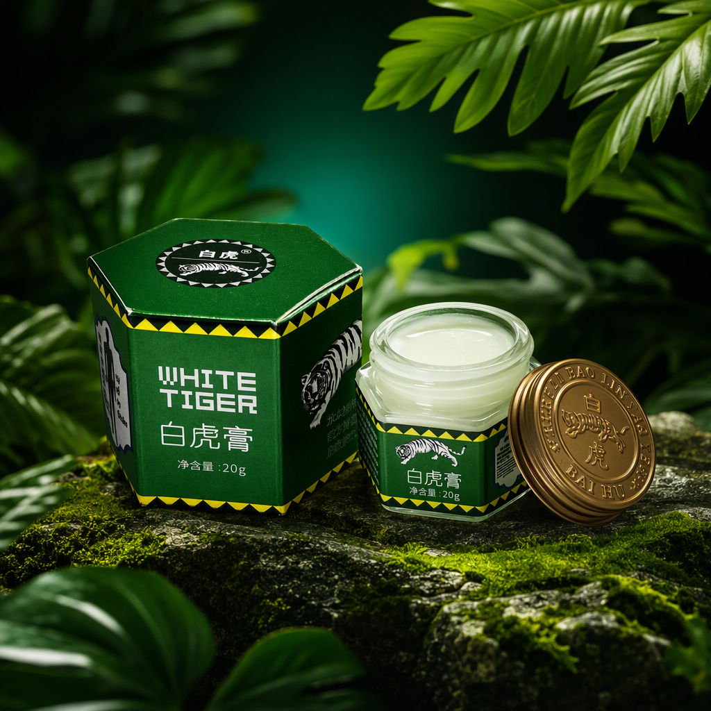 The White Tiger Ointment is packaged in a green hexagonal box with a golden lid. It is a fresh and elegant medicine box for collection Specification image