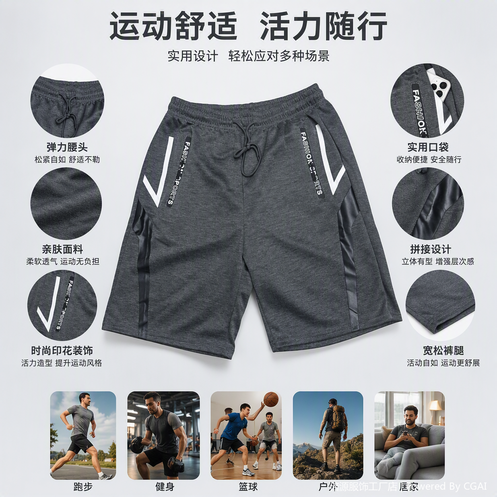 时尚休闲运动短裤男士宽松透气运动裤灰色运动短裤男款夏季跑步训练短裤男生运动裤详情2