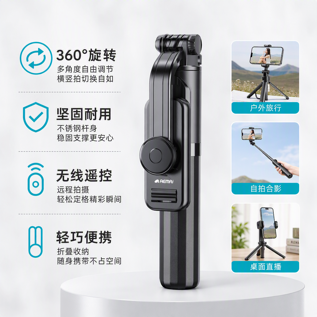 Fashionable black packaging box, portable selfie stick, multi-functional phone stand, photography wonder, essential for travel