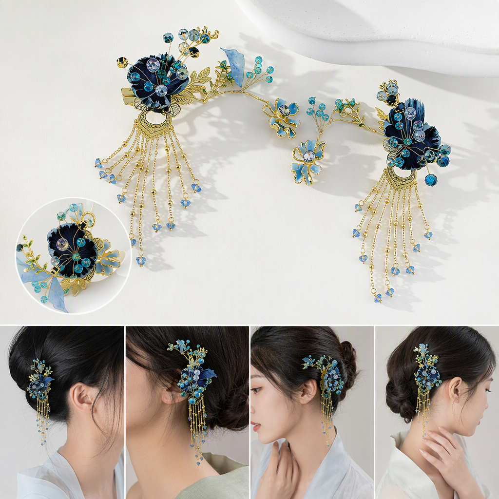 Fashionable blue crystal tassel hairpins, elegant hair accessories, hair clips, hair accessories, simple women's hairpins, headwear, and dressing accessories