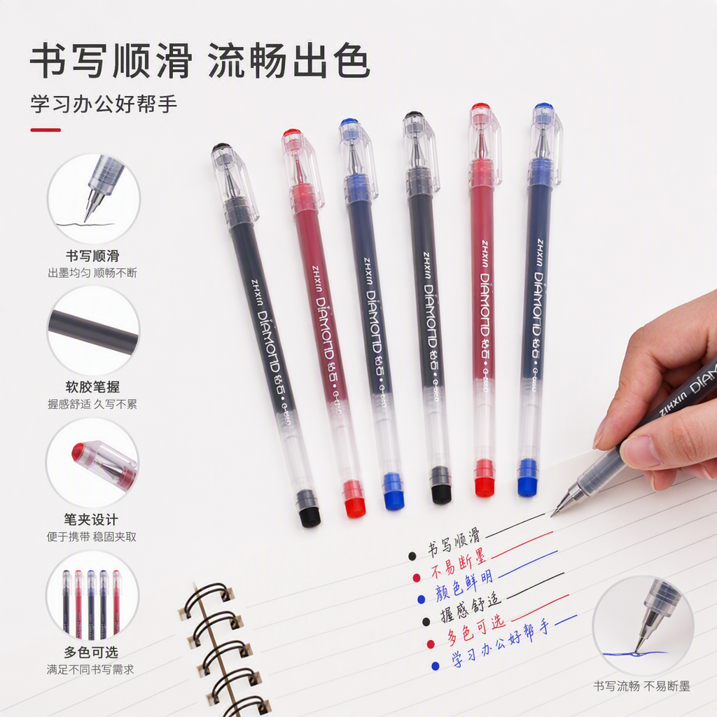A set of five multi-color transparent gel pens. The pen caps are black, red, blue, black and blue, printed with the brand name. Smooth writing. Office supplies