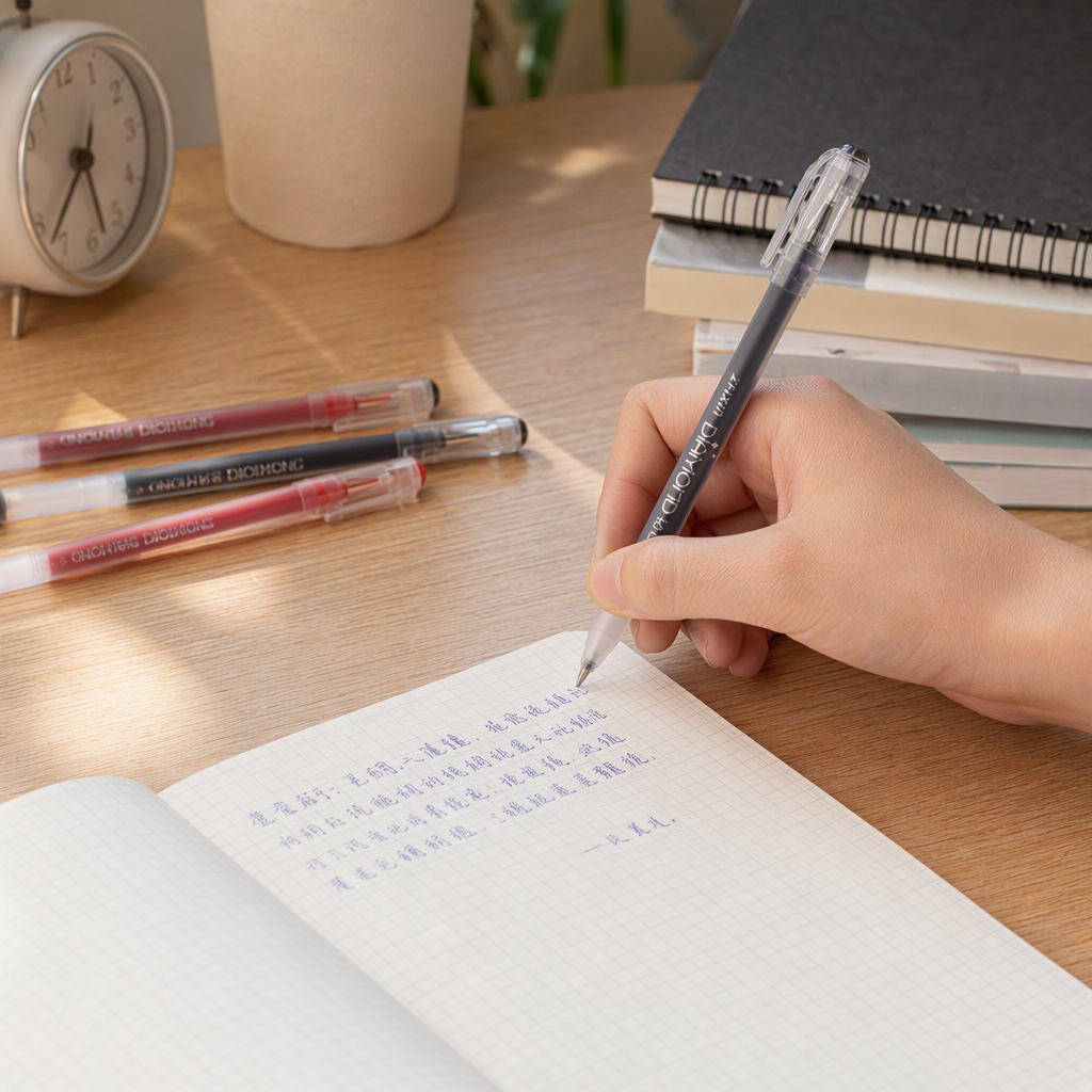 A set of five multi-color transparent gel pens. The pen caps are black, red, blue, black and blue, printed with the brand name. Smooth writing. Office supplies details Picture