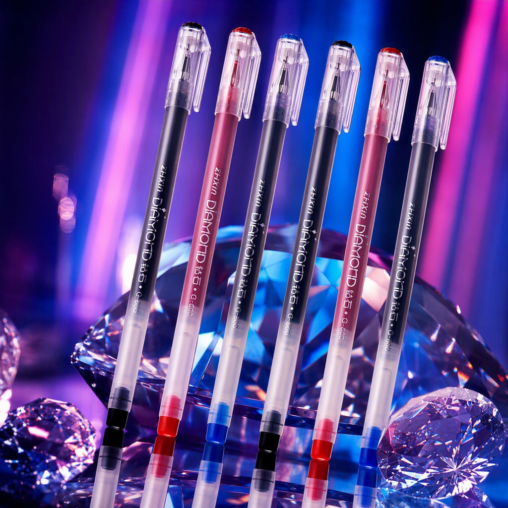 A set of five multi-color transparent gel pens. The pen caps are black, red, blue, black and blue, printed with the brand name. Smooth writing. Office supplies Specification image