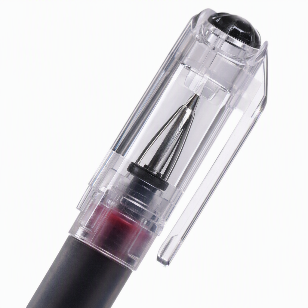 A set of five multi-color transparent gel pens. The pen caps are black, red, blue, black and blue, printed with the brand name. Smooth writing. Office supplies Application Scenario