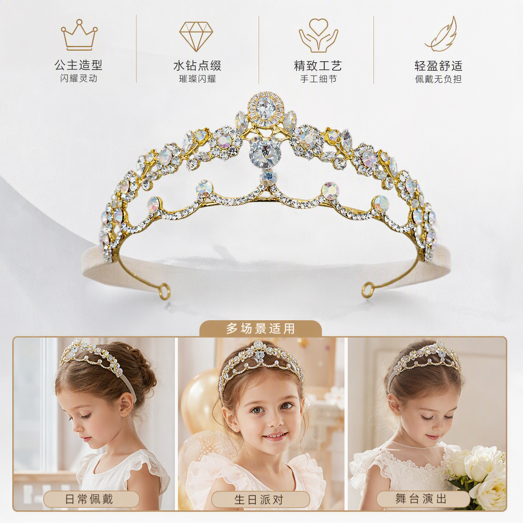 Shining golden diamond-encrusted crown headwear, elegant hair accessory for ladies, wedding and banquet accessories, magnificent headwear