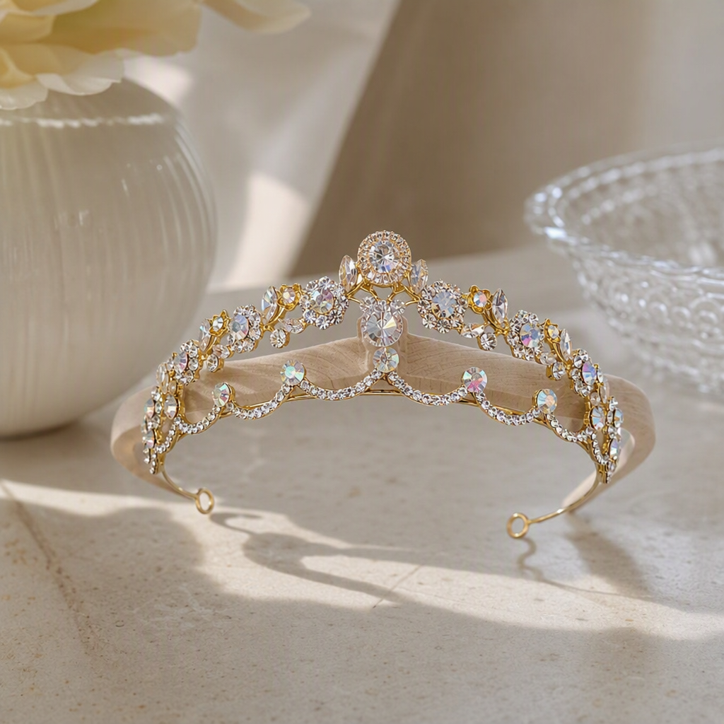 Shining golden diamond-encrusted crown headwear, elegant hair accessory for ladies, wedding and banquet accessories, magnificent headwear details Picture
