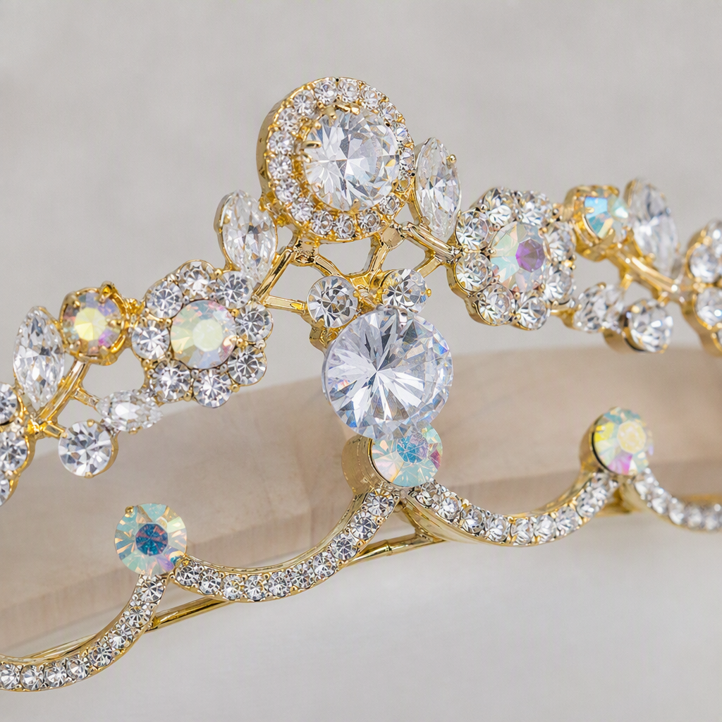 Shining golden diamond-encrusted crown headwear, elegant hair accessory for ladies, wedding and banquet accessories, magnificent headwear Application Scenario