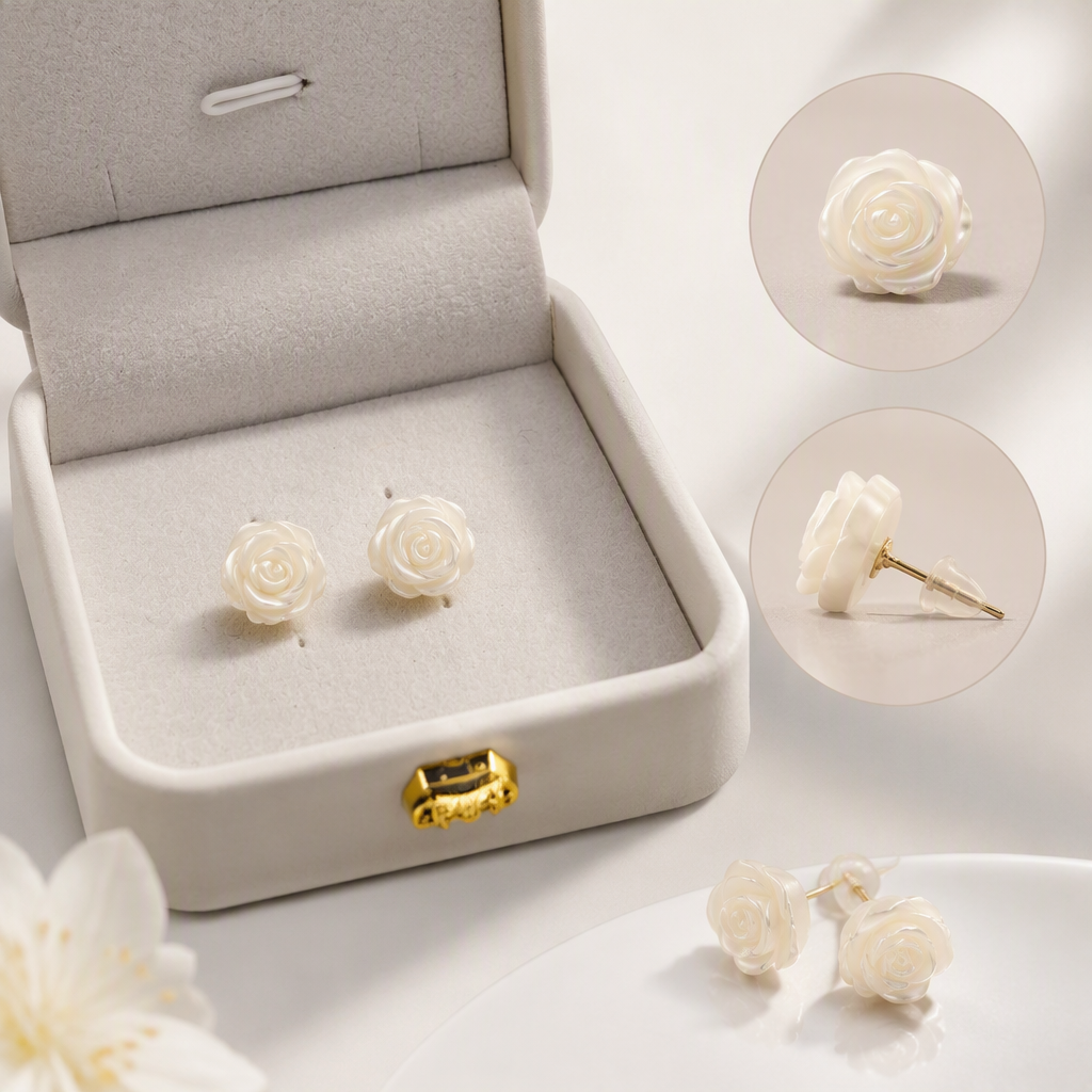 The white rose stud earrings exude a simple, luxurious and versatile style. They are trendy earrings and accessories for girls