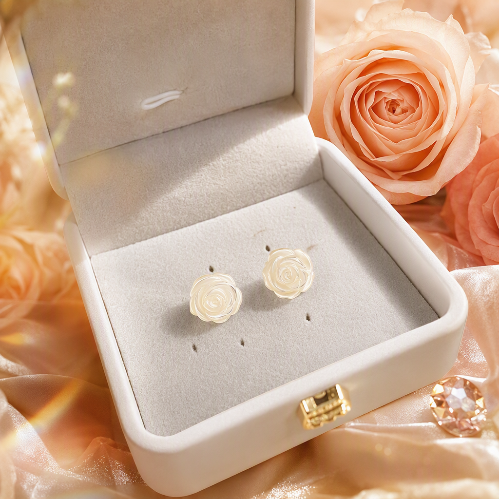 The white rose stud earrings exude a simple, luxurious and versatile style. They are trendy earrings and accessories for girls Specification image