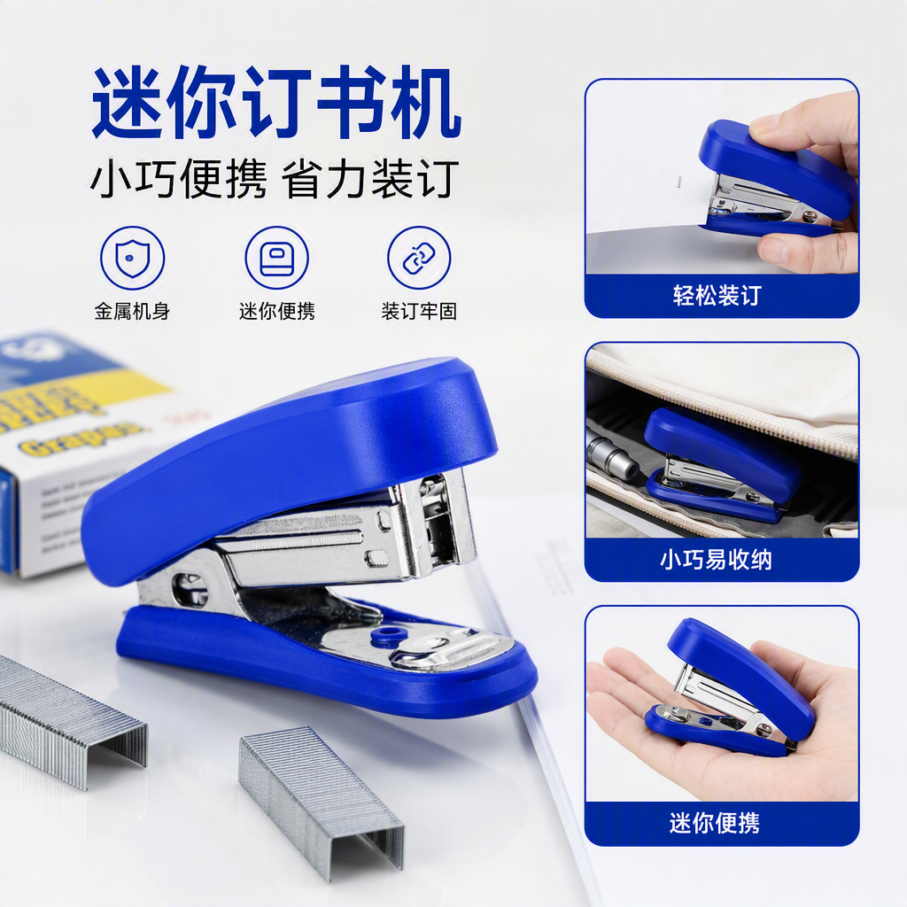 Portable mini blue stapler with staples, office stationery and portable binding tools