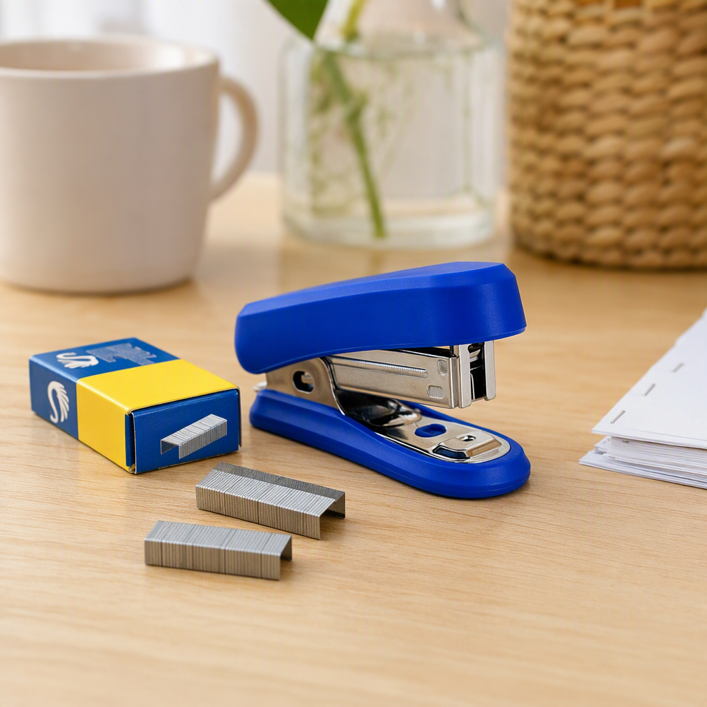 Portable mini blue stapler with staples, office stationery and portable binding tools details Picture