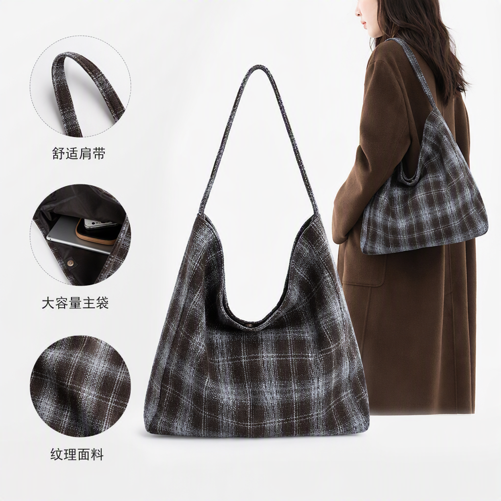 Fashionable checkered canvas women's crossbody versatile casual hand-held cloth bag, simple and trendy 2025 model